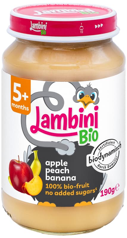 Lambini BIO Demeter příkrm jablko, broskev a banán