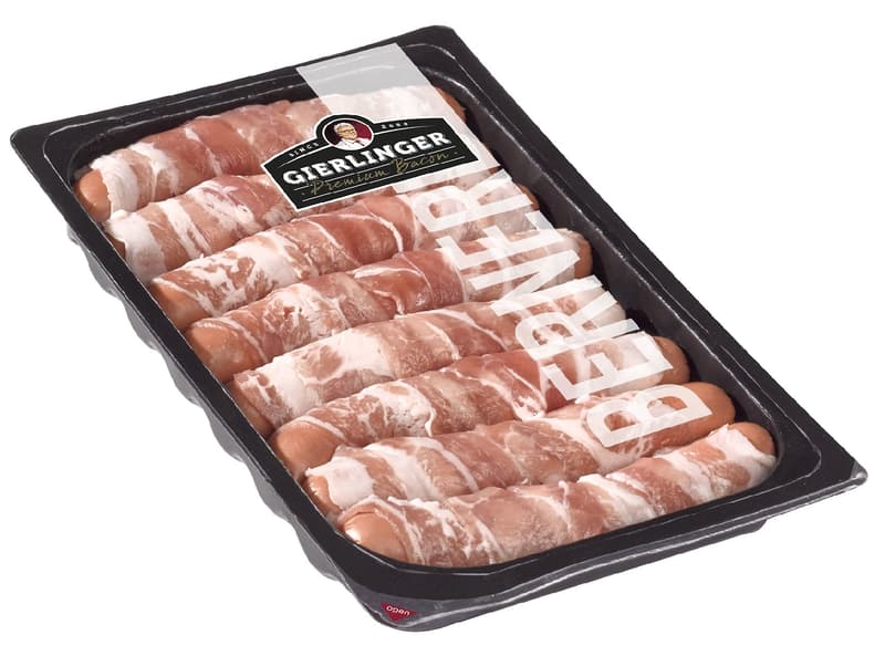 Berner Grilled sausages with cheese in bacon