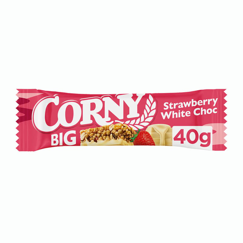 Corny BIG Cereální tyčinka s jahodami, polomáčená v bílé čokoládě