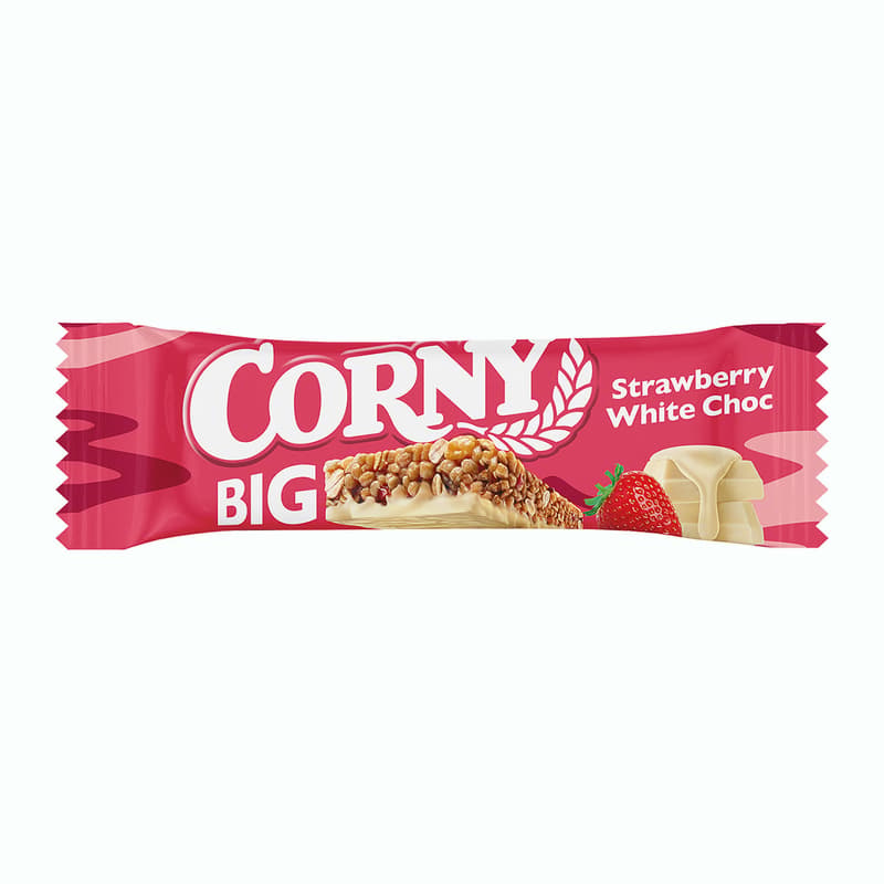 Corny BIG Cereální tyčinka s jahodami, polomáčená v bílé čokoládě