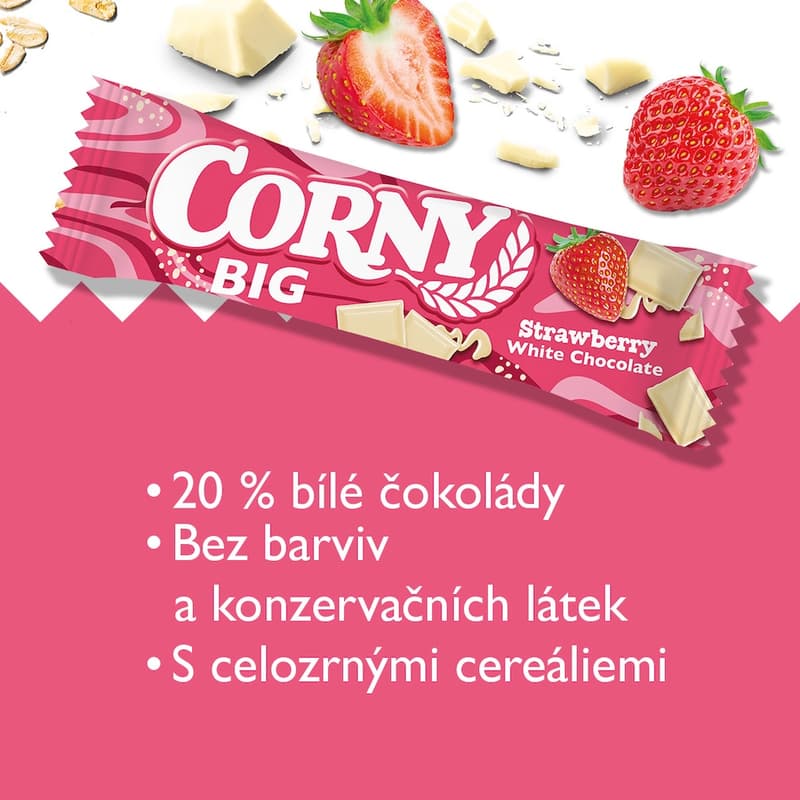 Corny BIG Cereální tyčinka s jahodami, polomáčená v bílé čokoládě