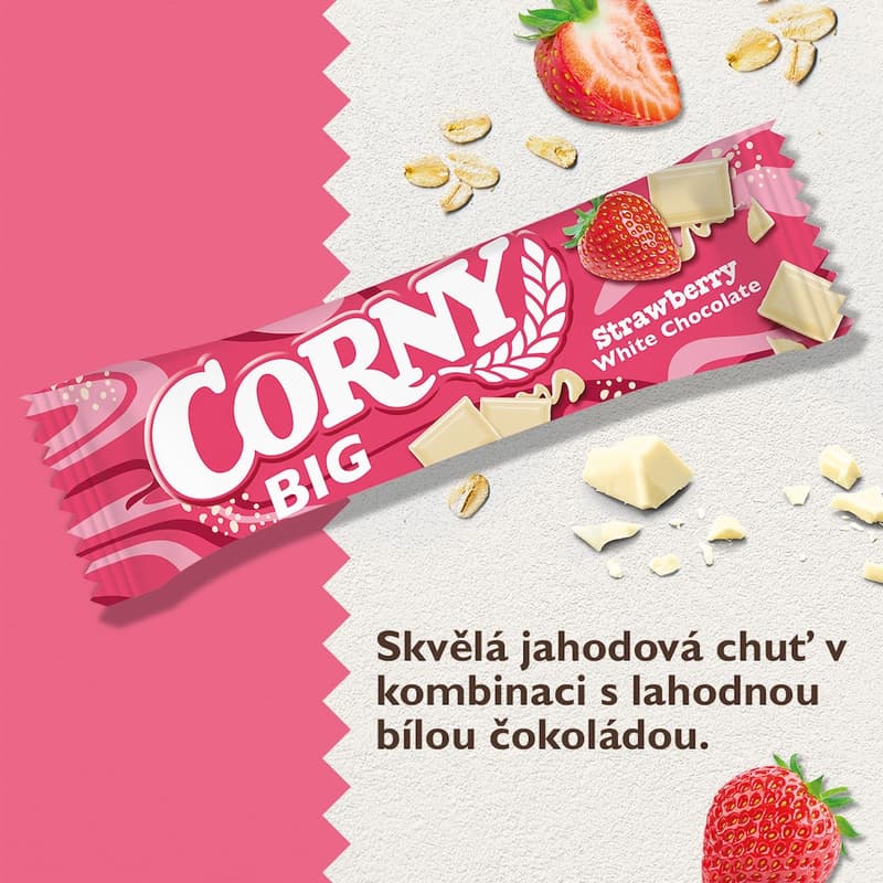 Corny BIG Cereální tyčinka s jahodami, polomáčená v bílé čokoládě