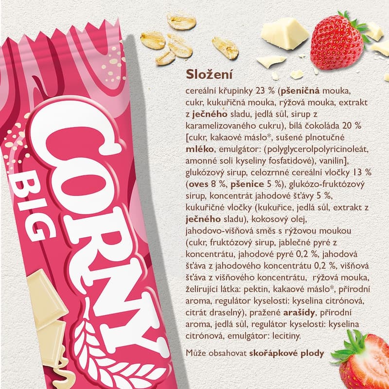 Corny BIG Cereální tyčinka s jahodami, polomáčená v bílé čokoládě