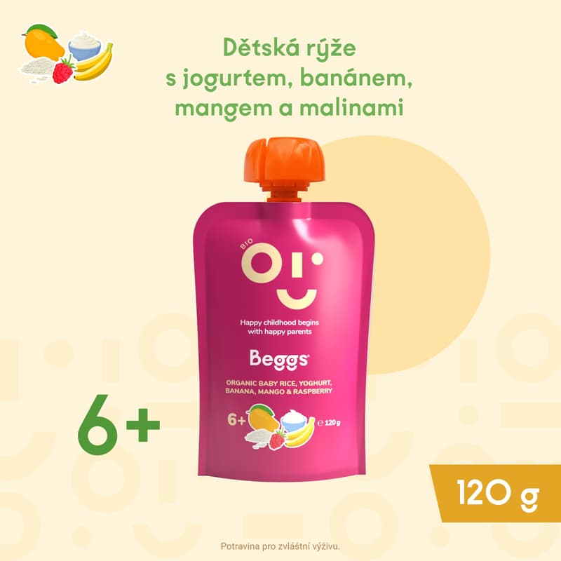 Beggs BIO Dětská rýže s jogurtem, banánem, mangem a malinami