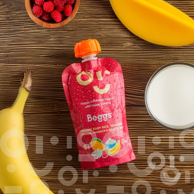 Beggs BIO Dětská rýže s jogurtem, banánem, mangem a malinami