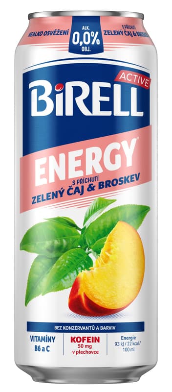 Birell 0.0 Energy Zelený čaj & Broskev nealkoholické pivo s kofeinem 4×0,5 l plech