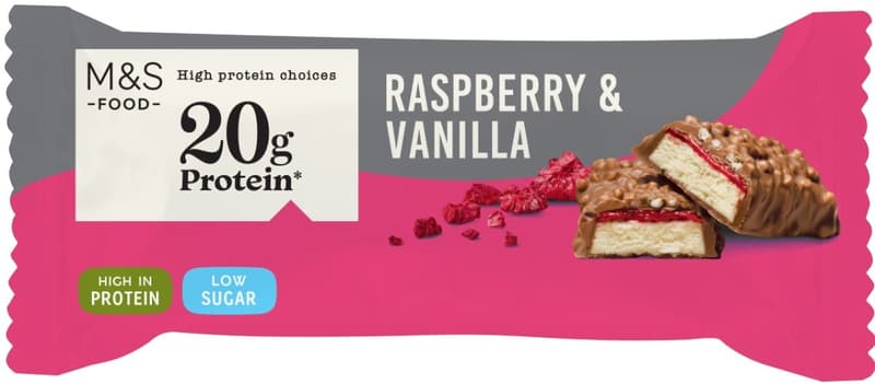 Marks and Spencer Raspberry and vanilla protein bar dipped in milk chocolate with added sweetener