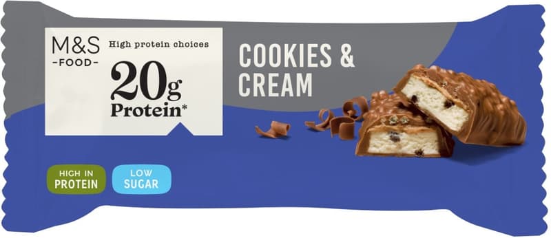Marks and Spencer Cream biscuit protein bar dipped in milk chocolate with added sweetener