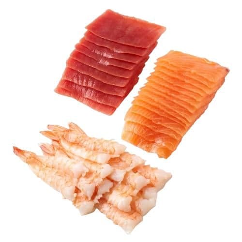 Oceans Sushi set 3 (salmon sashimi slices, tuna sashimi slices, ebi shrimp)