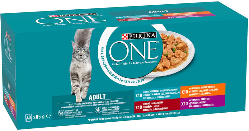 Purina ONE Adult kapsičky pro kočky jehněčí, mořské ryby, kuře, hovězí ve šťávě 40×85 g