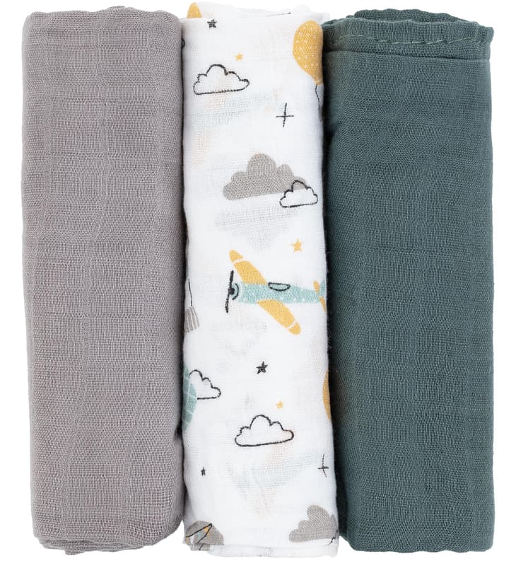 Petite & Mars Moussy Grey Planes Bamboo Muslin Diaper Set