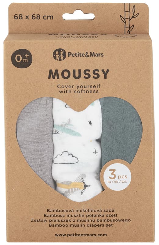 Petite & Mars Moussy Grey Planes Bamboo Muslin Diaper Set