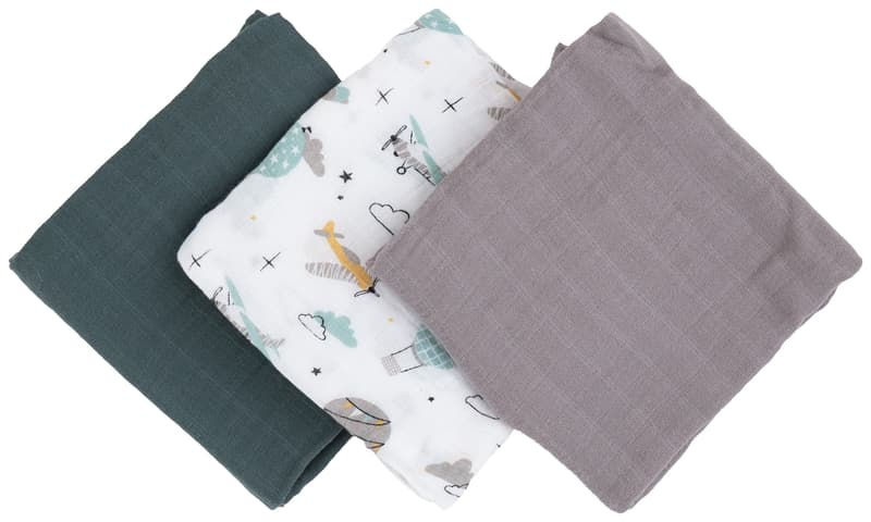 Petite & Mars Moussy Grey Planes Bamboo Muslin Diaper Set