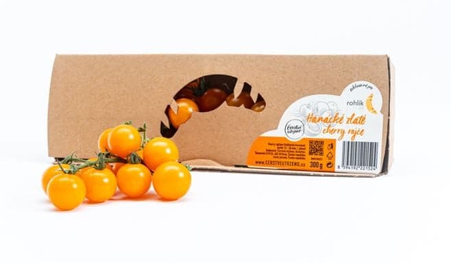 Rohlik.cz Hanácké golden cherry tomato on a twig, packaging