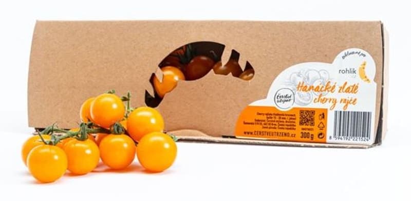 Rohlik.cz Hanácké golden cherry tomato on a twig, packaging
