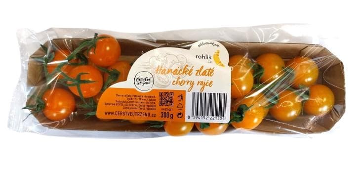 Rohlik.cz Hanácké golden cherry tomato on a twig, packaging