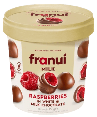 Franuí Fresh raspberries coated in white & milk chocolate