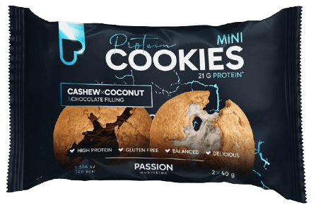 Passion Nutrition Filled protein baked cookies with cashews and coconut with white and dark chocolate filling