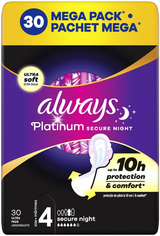 Always Platinum Secure Night pads with wings, size 4