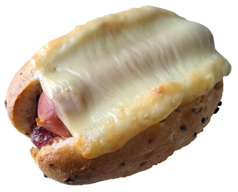 Cereal baguette with sausage, cheese and ketchup
