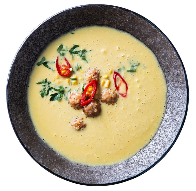 Corn cream with spicy chicken balls from Spojka Karlín