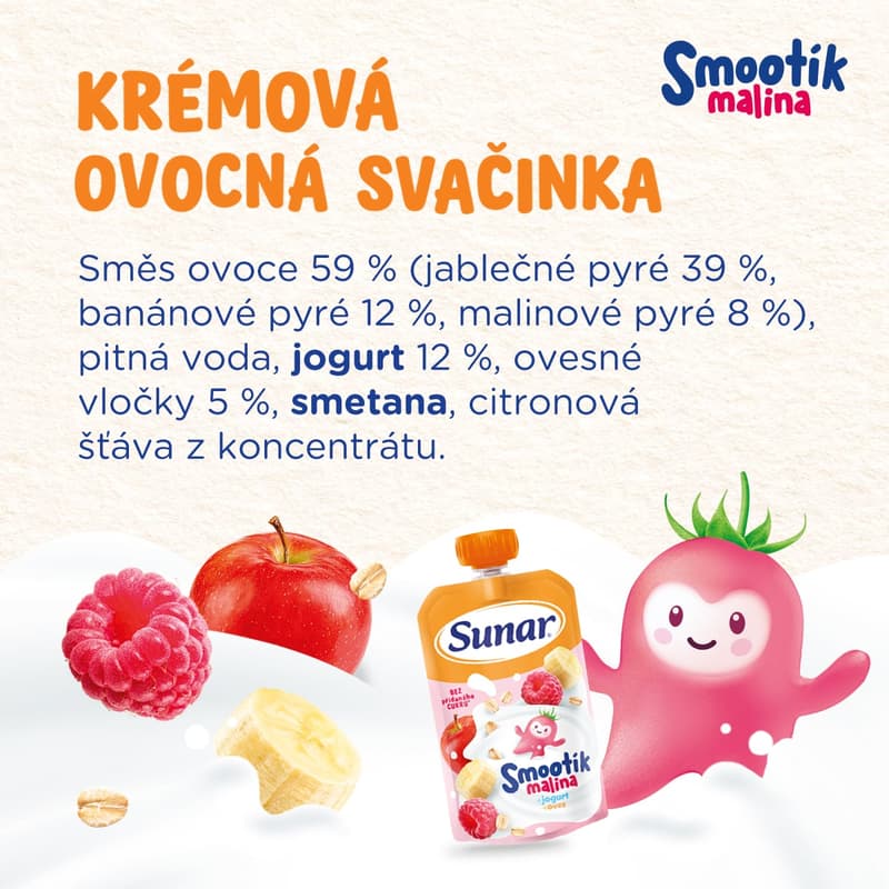 Sunar Smootík baby pouch raspberry, yogurt, oats 12m+, 120 g