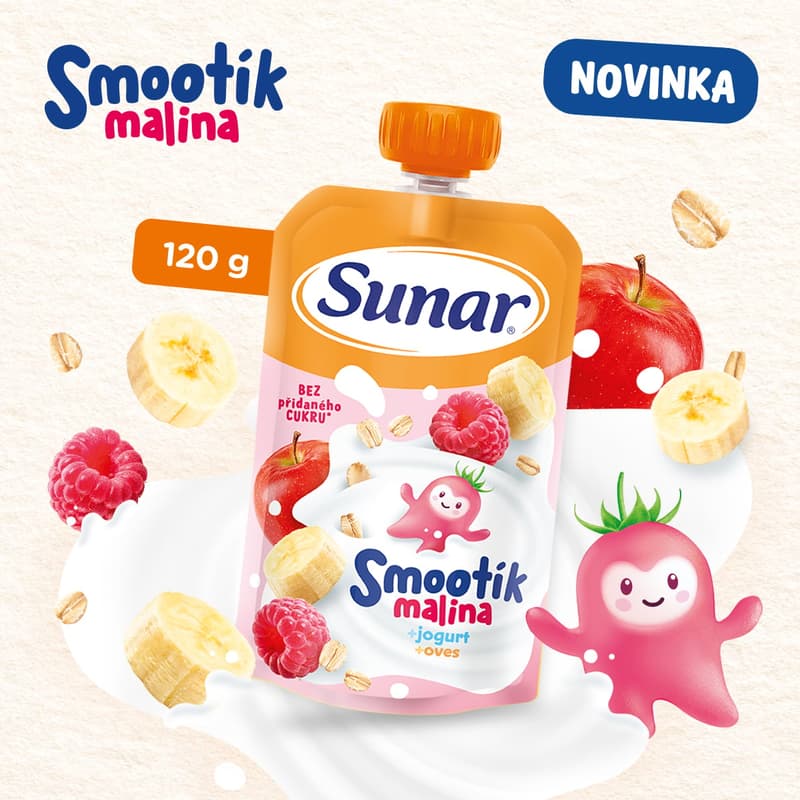 Sunar Smootík baby pouch raspberry, yogurt, oats 12m+, 120 g