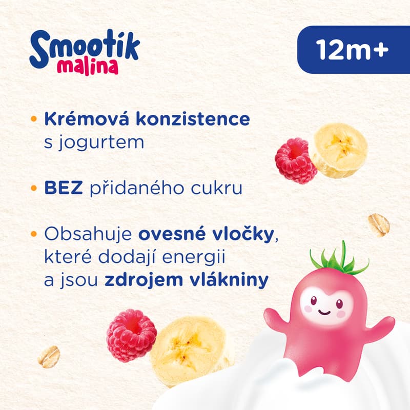 Sunar Smootík baby pouch raspberry, yogurt, oats 12m+, 120 g