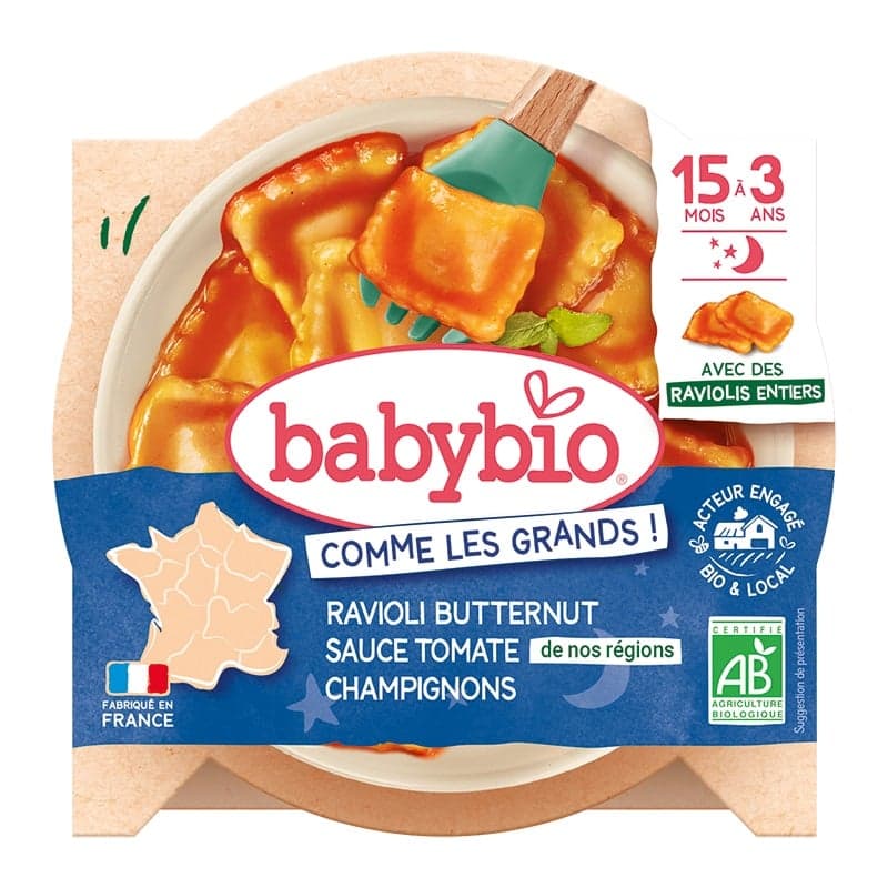 BABYBIO whole ravioli with pumpkin filling, tomato purée, and mushrooms 190 g