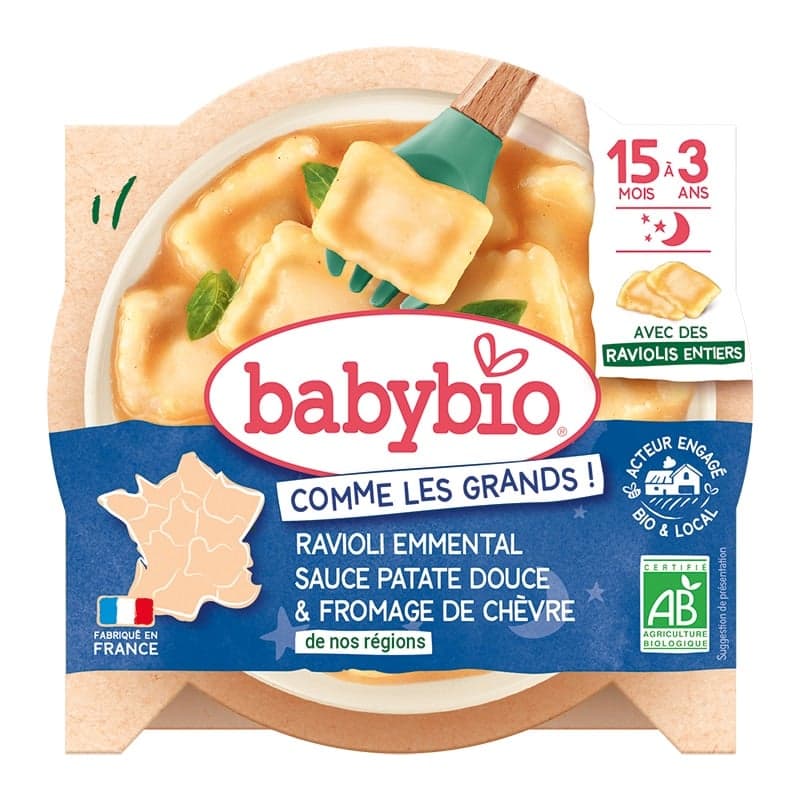 BABYBIO whole ravioli with Emmental cheese, sweet potato purée, and French goat cheese 190 g