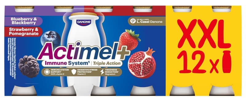 Actimel Probiotický jogurtový nápoj borůvka a ostružina, jahoda a granátové jablko 12×100 g