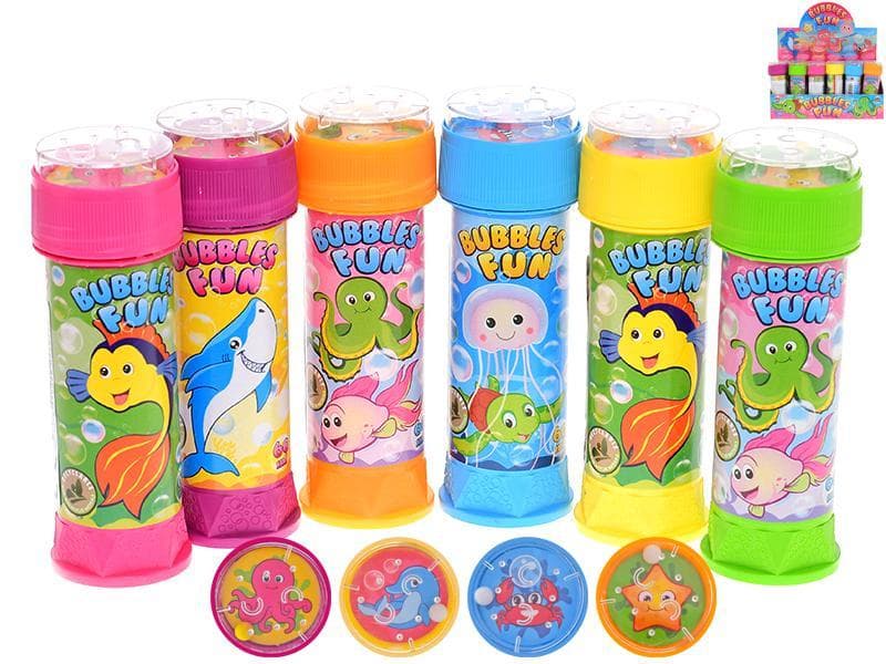 6asstd color (blue, pink, yellow,orange,green,purple) 11cm 60ml bubble fun w/game  24pcs in DBX