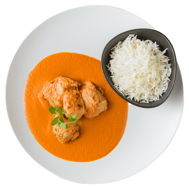 Balanced food Indian protein chicken and basmati rice from Zátiší