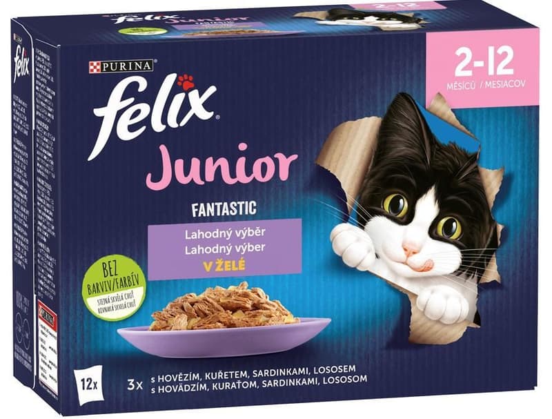 Felix Fantastic Junior kapsičky pro koťata hovězí, kuře, sardinky, losos v želé 12×85 g