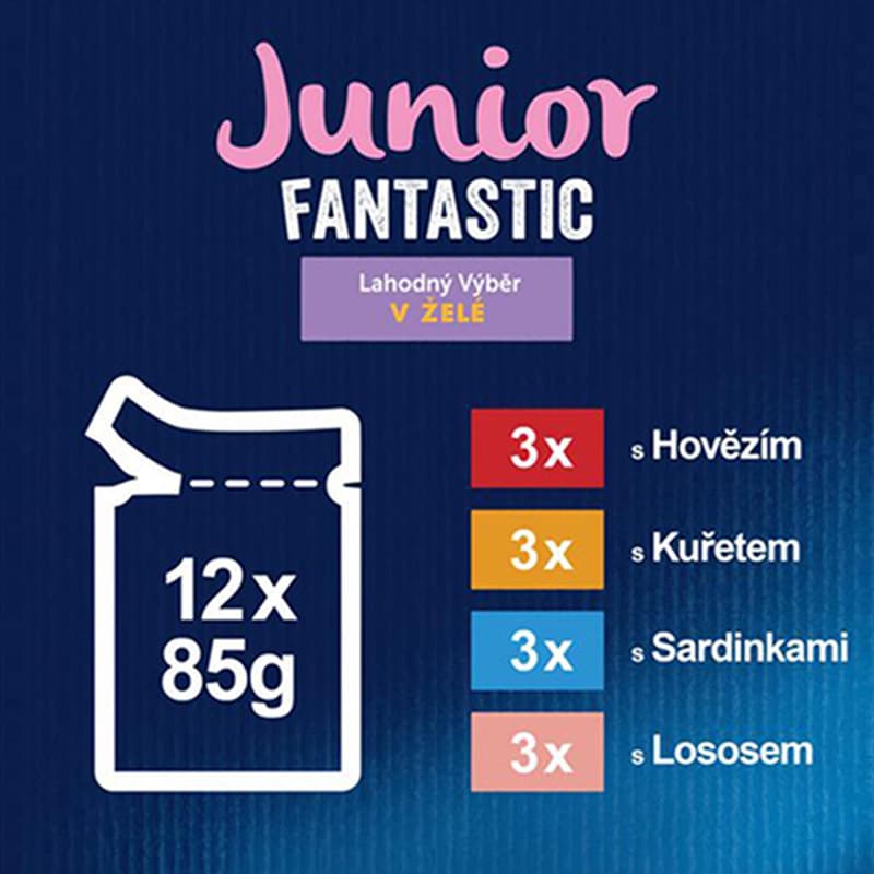 Felix Fantastic Junior kapsičky pro koťata hovězí, kuře, sardinky, losos v želé 12×85 g