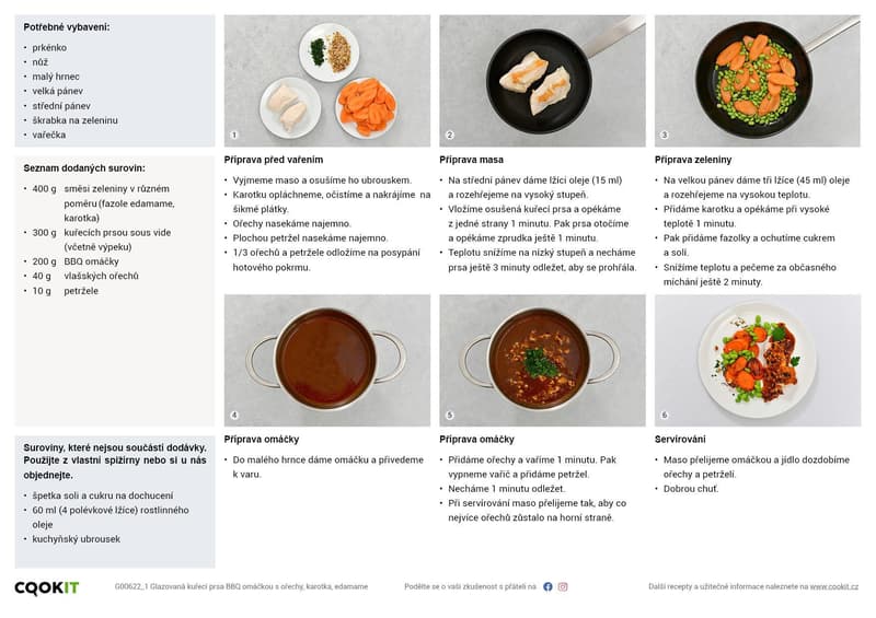 Glazovaná kuřecí prsa s bbq omáčkou s ořechy, karamelizovaná karotka a fazolky edamame (set k přípravě hotového jídla)