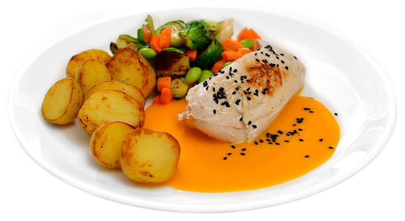 Chicken steak, pumpkin sauce with coconut milk, mini potatoes and roasted vegetables