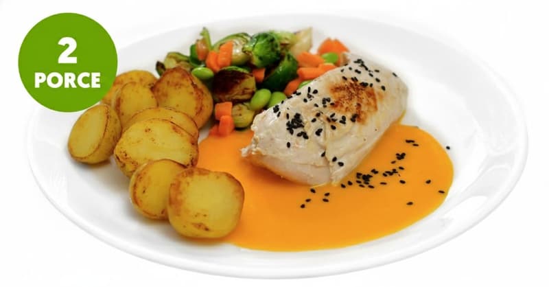 Chicken steak, pumpkin sauce with coconut milk, mini potatoes and roasted vegetables