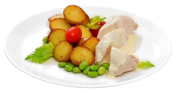 Chicken breast with cheese sauce and mini potatoes