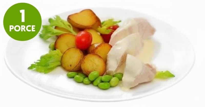 Chicken breast with cheese sauce and mini potatoes