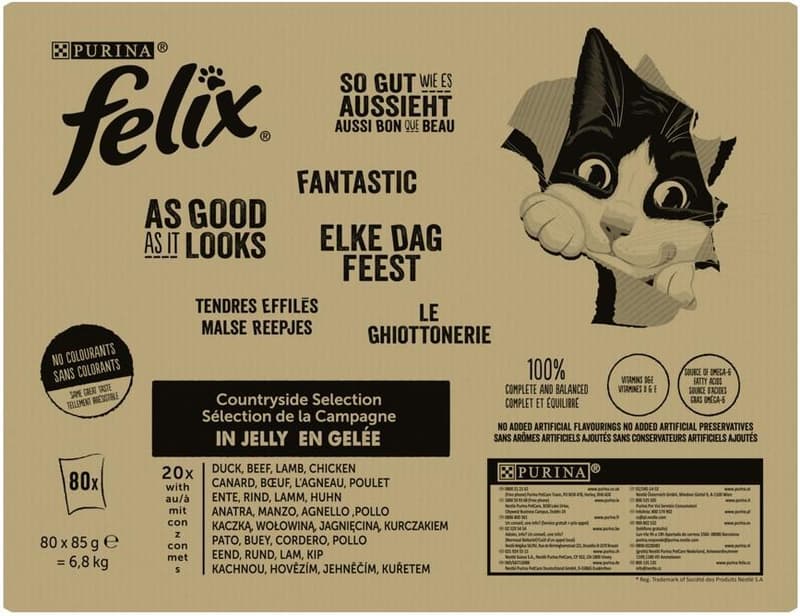 Felix Fantastic kapsičky pro kočky kachní, hovězí, jehněčí a kuřecí v želé 80×85 g