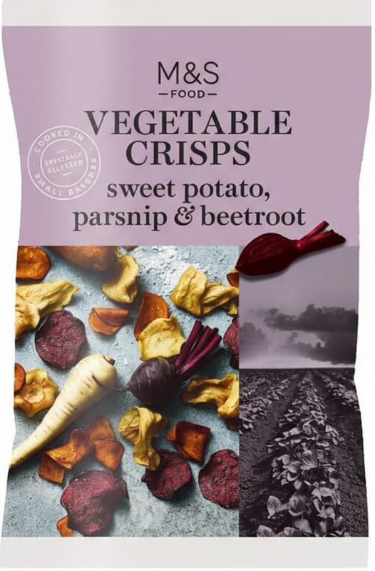 Marks & Spencer Lupínky z červené řepy, pastináků a batátů ochucené mořskou solí