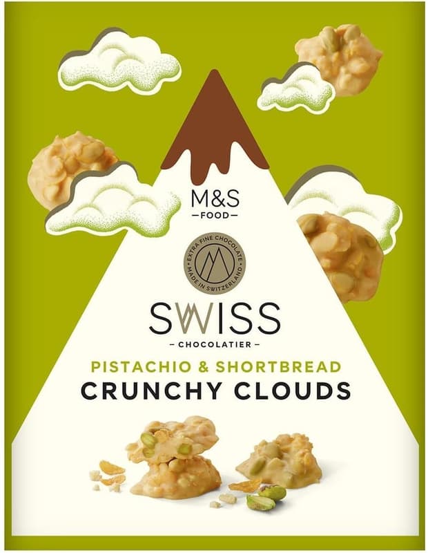 Marks & Spencer White chocolate with caramelized sugar, cornflakes, biscuits and pistachios