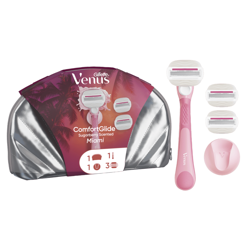 Gillette Venus ComfortGlide Sugarberry Scented Miami Women’s Razor, 3 Refills + Shower Hook + Bag