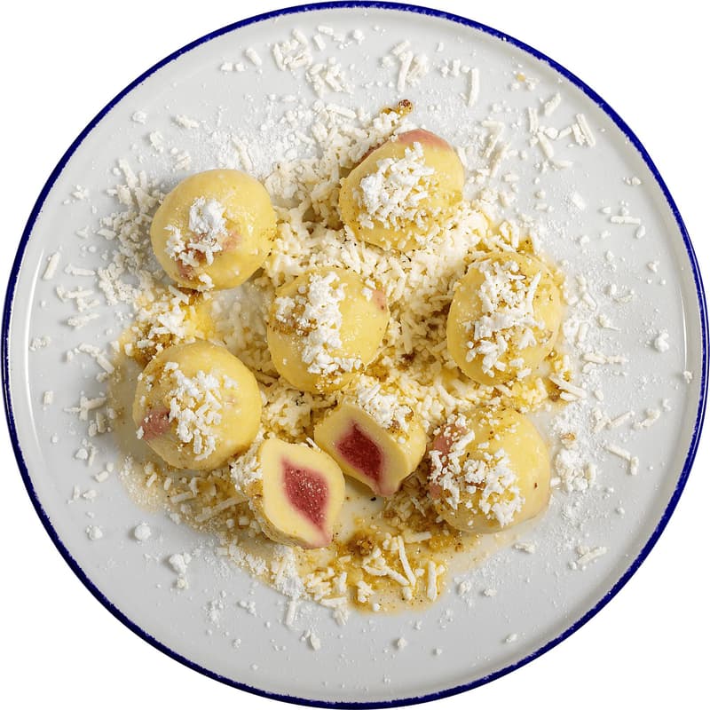Cibule Bistro Stuffed potato dumplings with strawberries