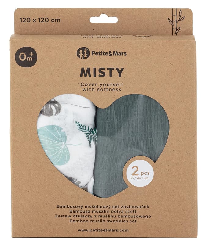 Petite & Mars Misty Green Leaves bamboo muslin blanket, 2pcs