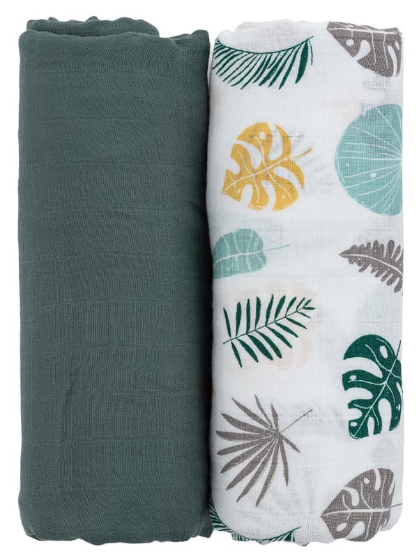 Petite & Mars Misty Green Leaves bamboo muslin blanket, 2pcs