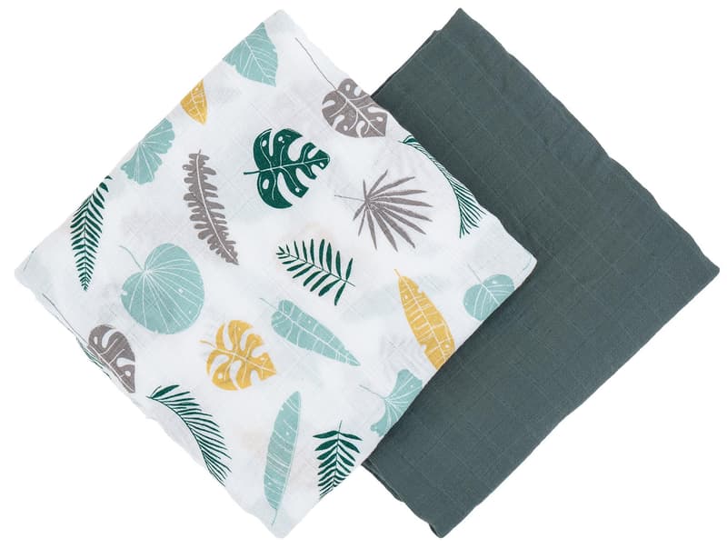 Petite & Mars Misty Green Leaves bamboo muslin blanket, 2pcs