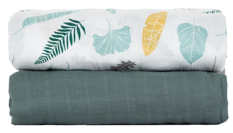 Petite & Mars Misty Green Leaves bamboo muslin blanket, 2pcs