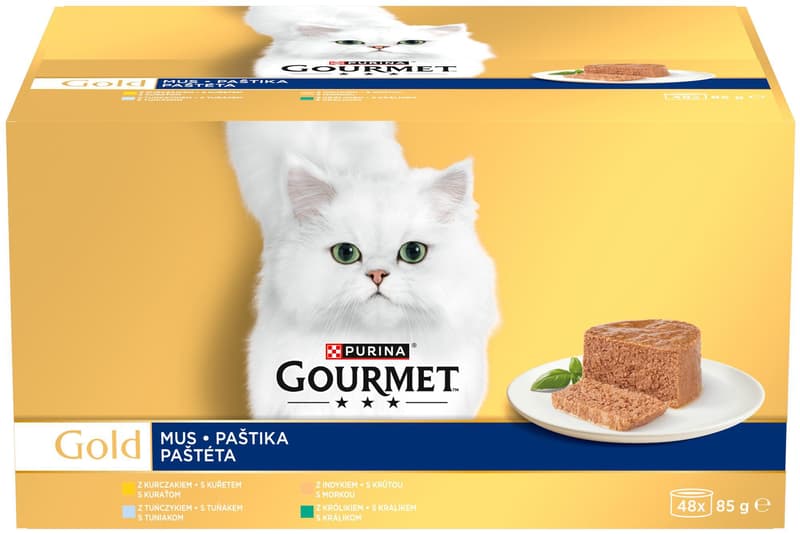 Gourmet Gold konzervy pro kočky kuře, tuňák, krůta, králík paštika 48×85 g